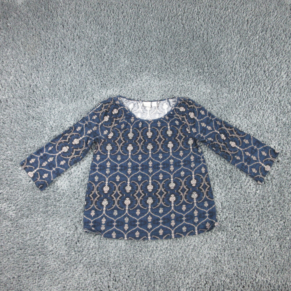 Chicos Shirt Womens 0 Blue Geometric 3/4 Sleeve Cold Shoulder Pullover